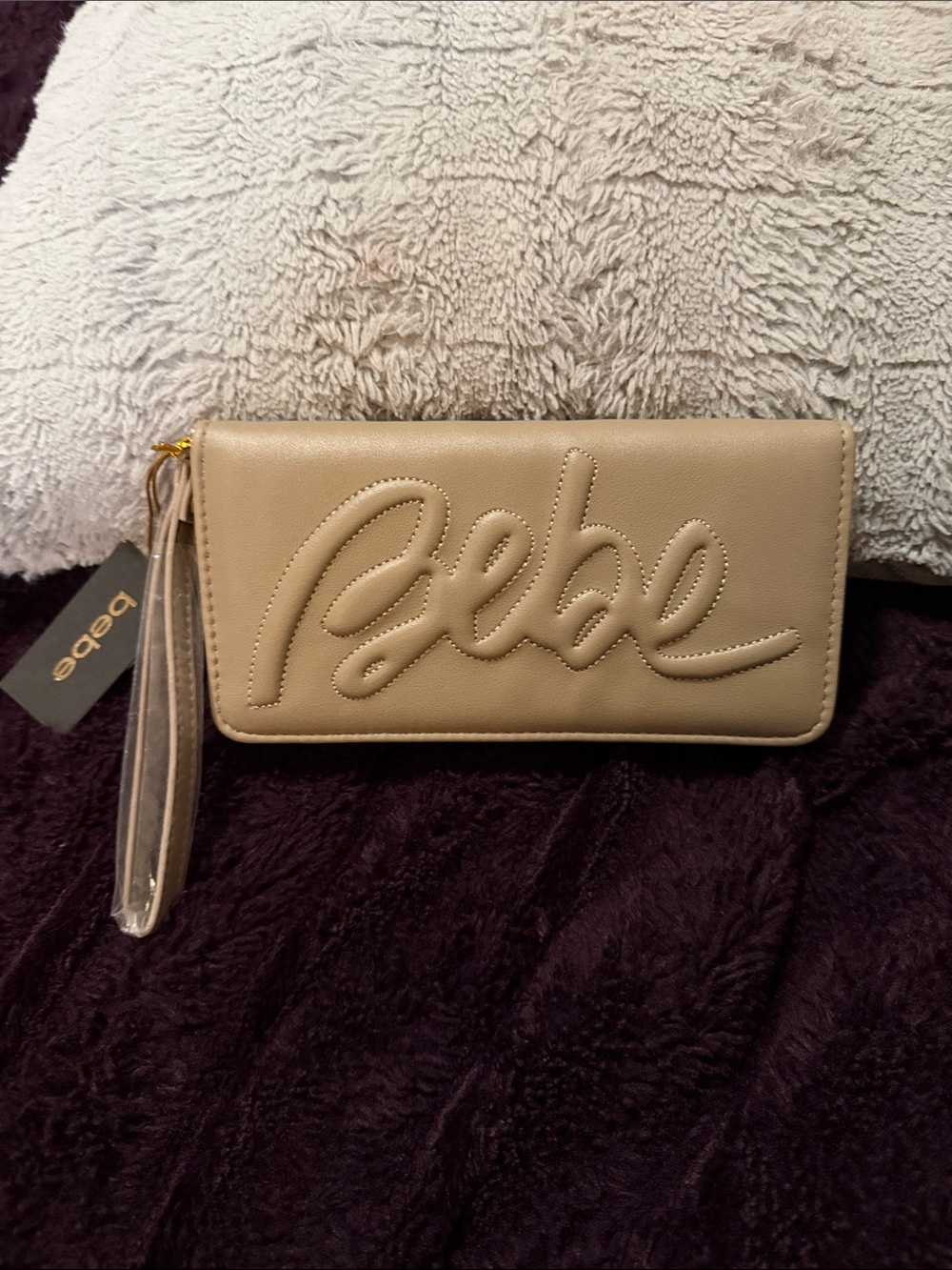 bebe Quilted Script Wristlet Wallet in Beige NWT